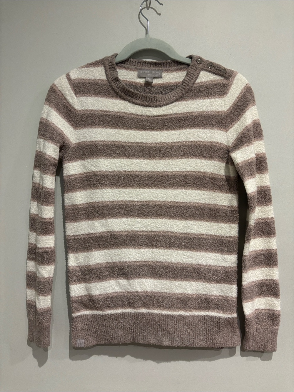 Barefoot Dreams CozyChic Lite Striped Shoulder Button Pullover Crewneck Sweater
